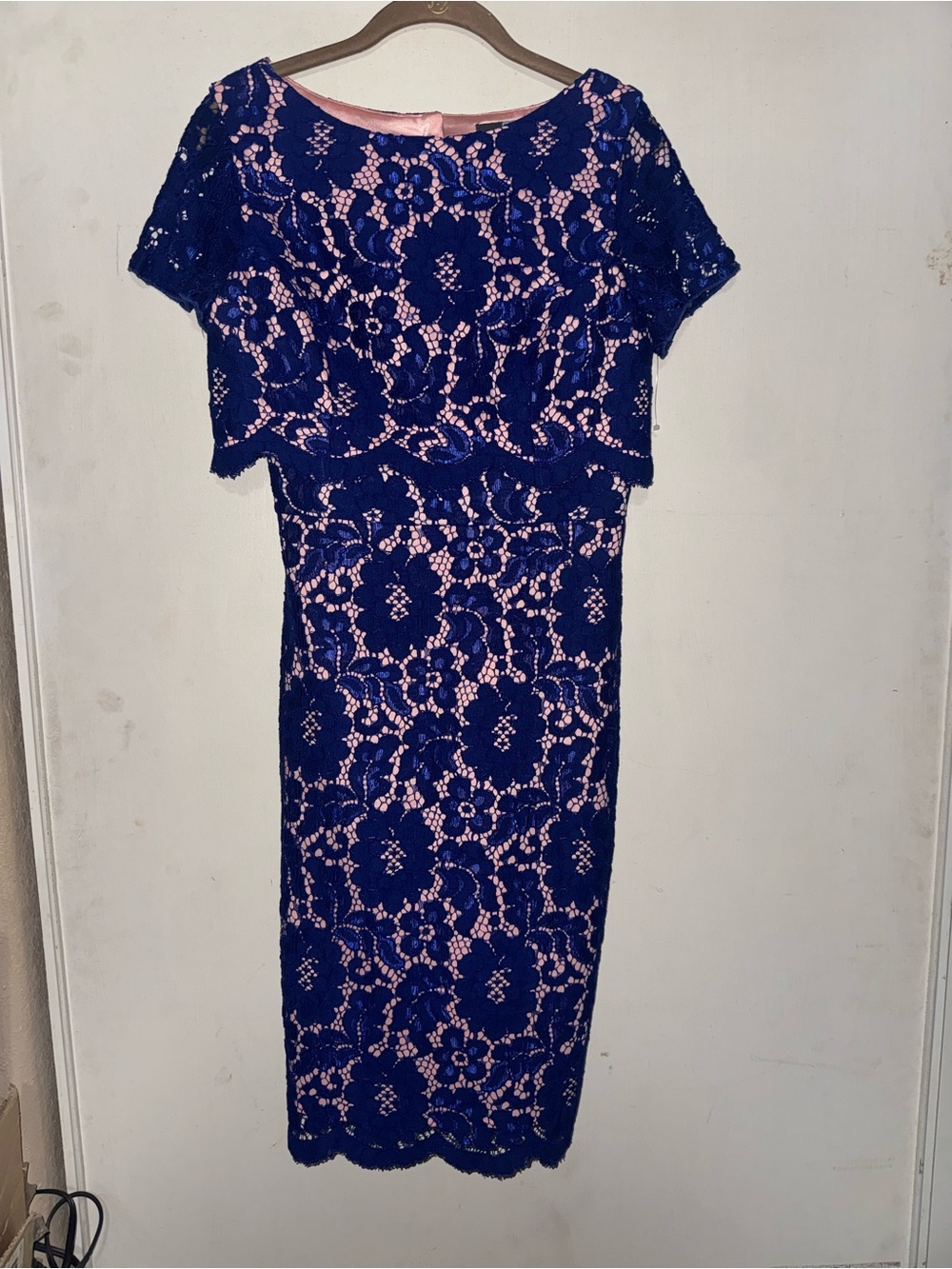 Eva Franco Navy and Blush Lace Midi Dress
